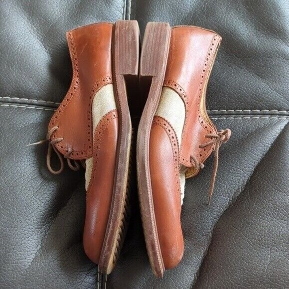 Vintage Kenneth Cole Spectator Brown Leather Beige Canvas Oxford Shoes Size 10 main image 5